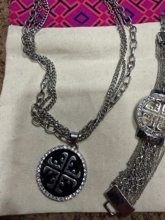 Silver Tone Pendant Necklace and Chain Bracelet Set - Black Accent - Picture 2 of 10